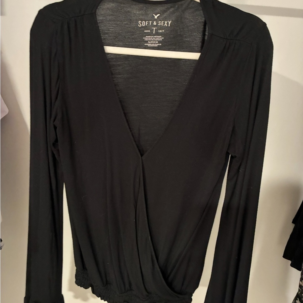 American Eagle Outfitters Black Long-Sleeve Wrap Top